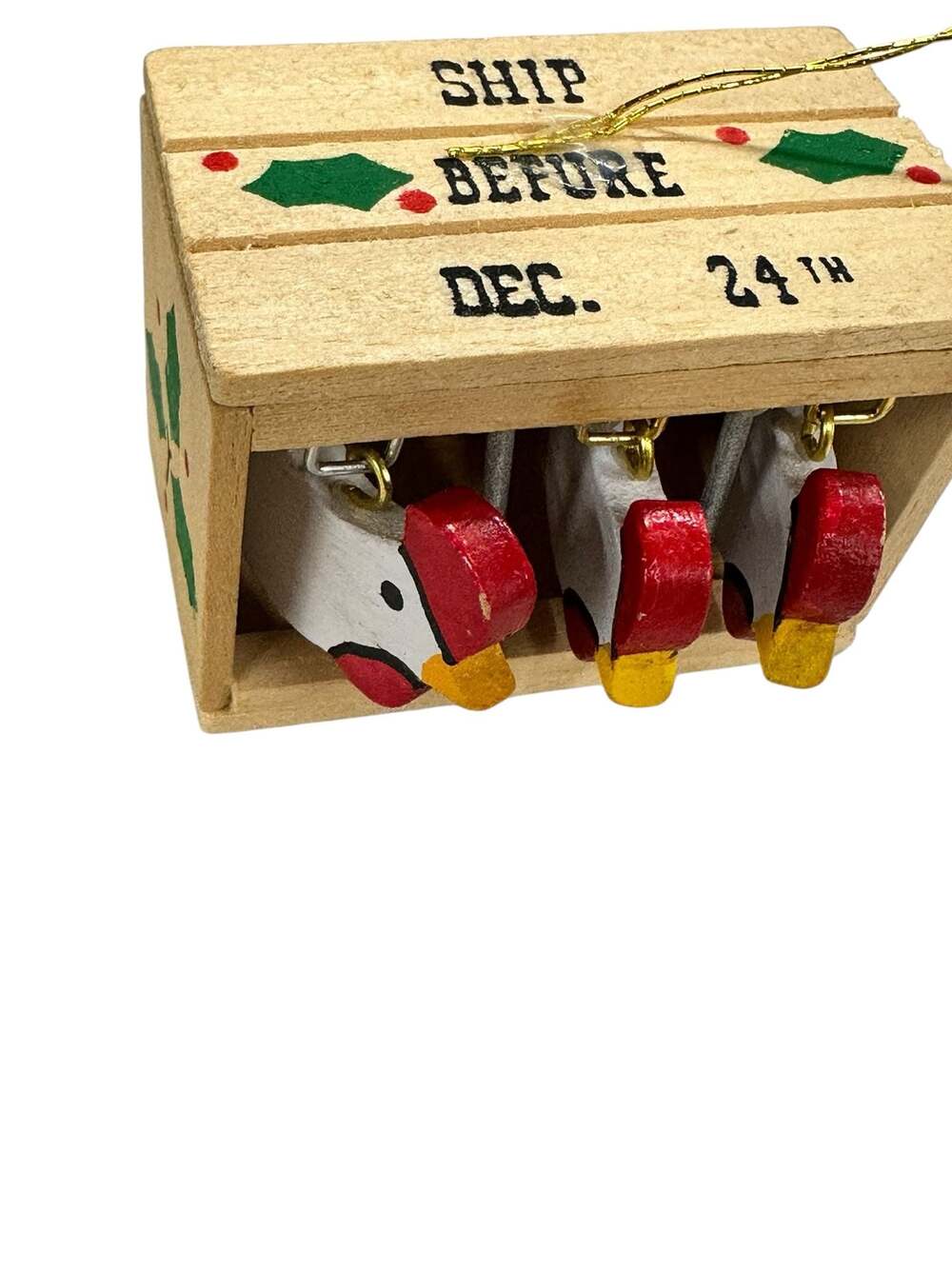 Vintage Hand-Painted Wooden Crate Christmas Ornament with Chickens